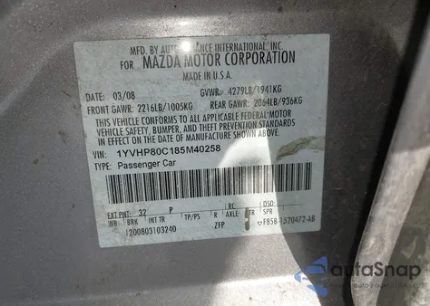 2008 Mazda Mazda6 I Sport Ve z USA, uszkodzony, nr VIN 1YVHP80C185M40258